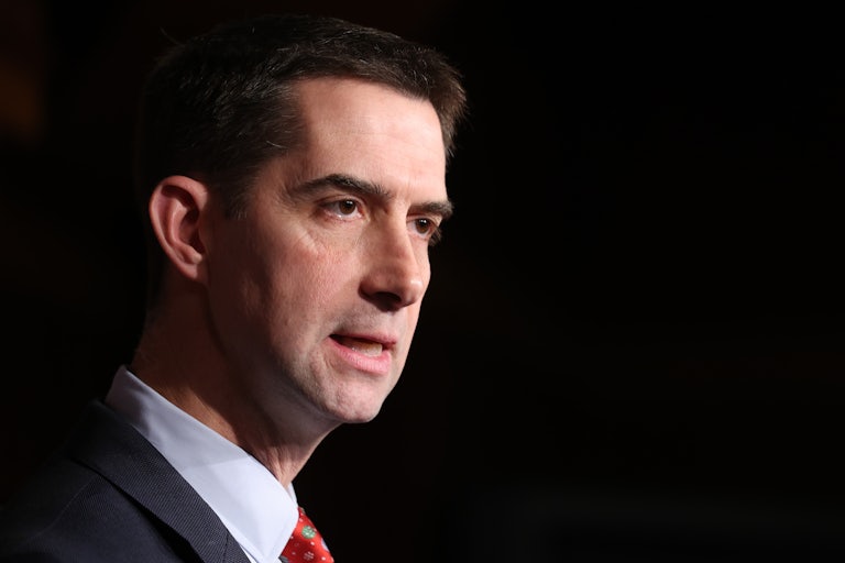 Closeup of Tom Cotton speaking, black background