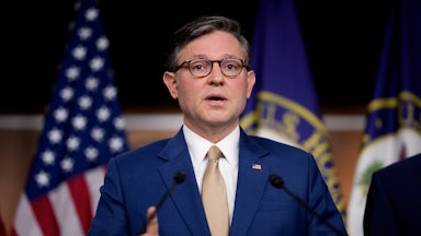 House Speaker Mike Johnson speaks at the Capitol.