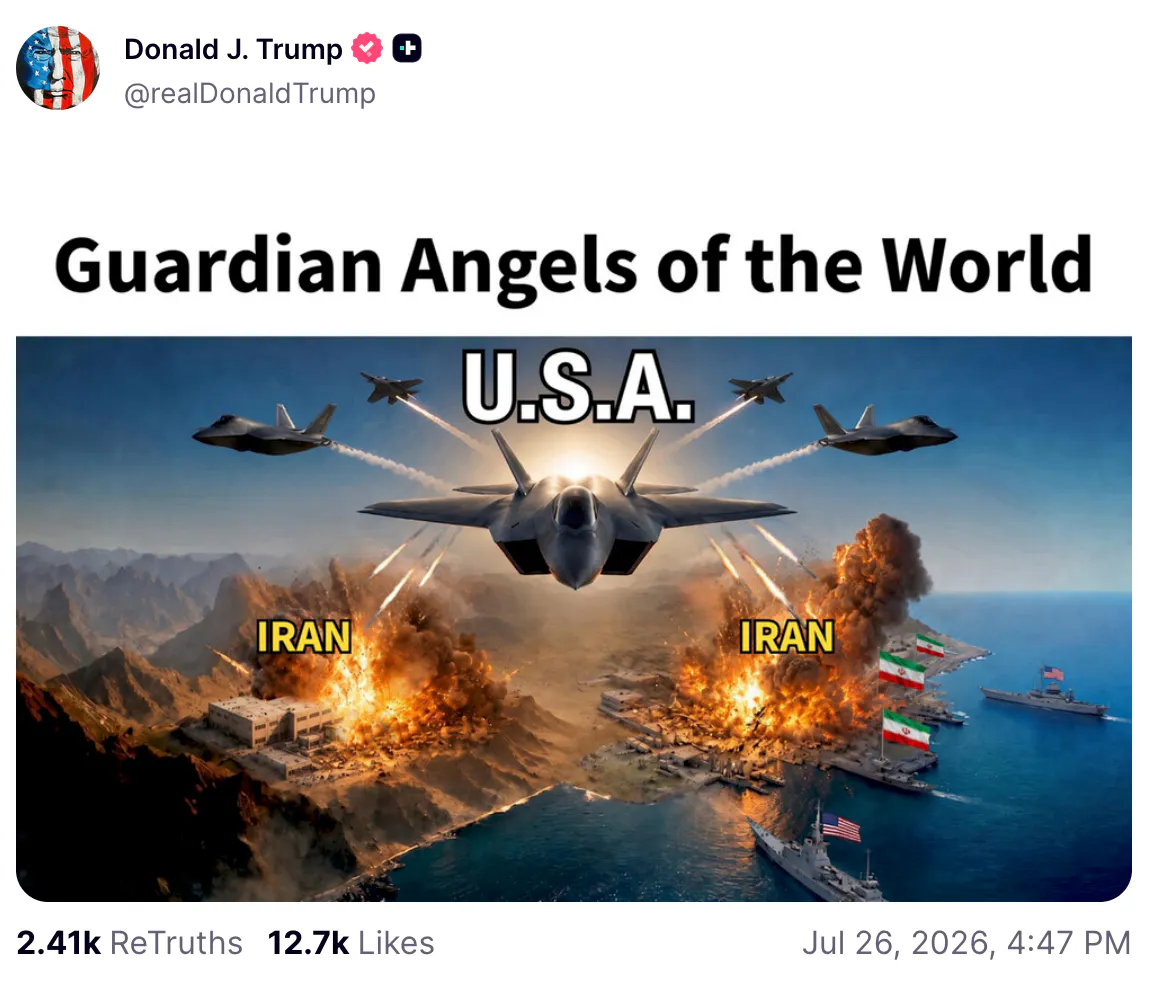 Trump meme Guardian Angels of the world USA (planes leave a blown up Iran)