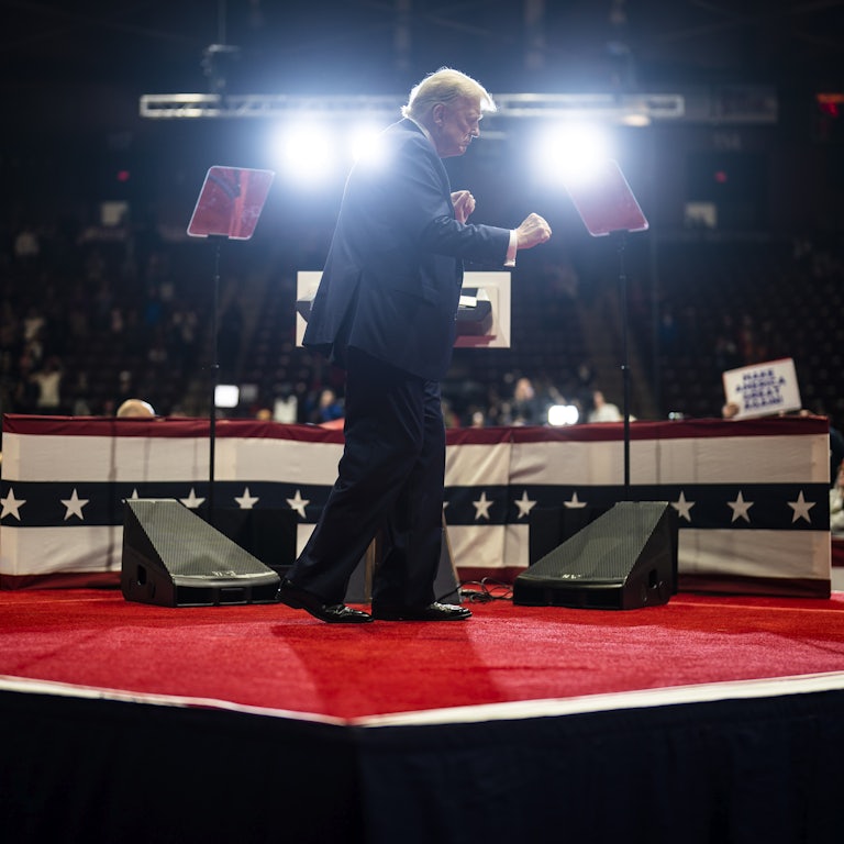 Donald Trump dances across the stage after speaking at a campaign rally held at the Winthrop Coliseum in Rock Hill, South Carolina.