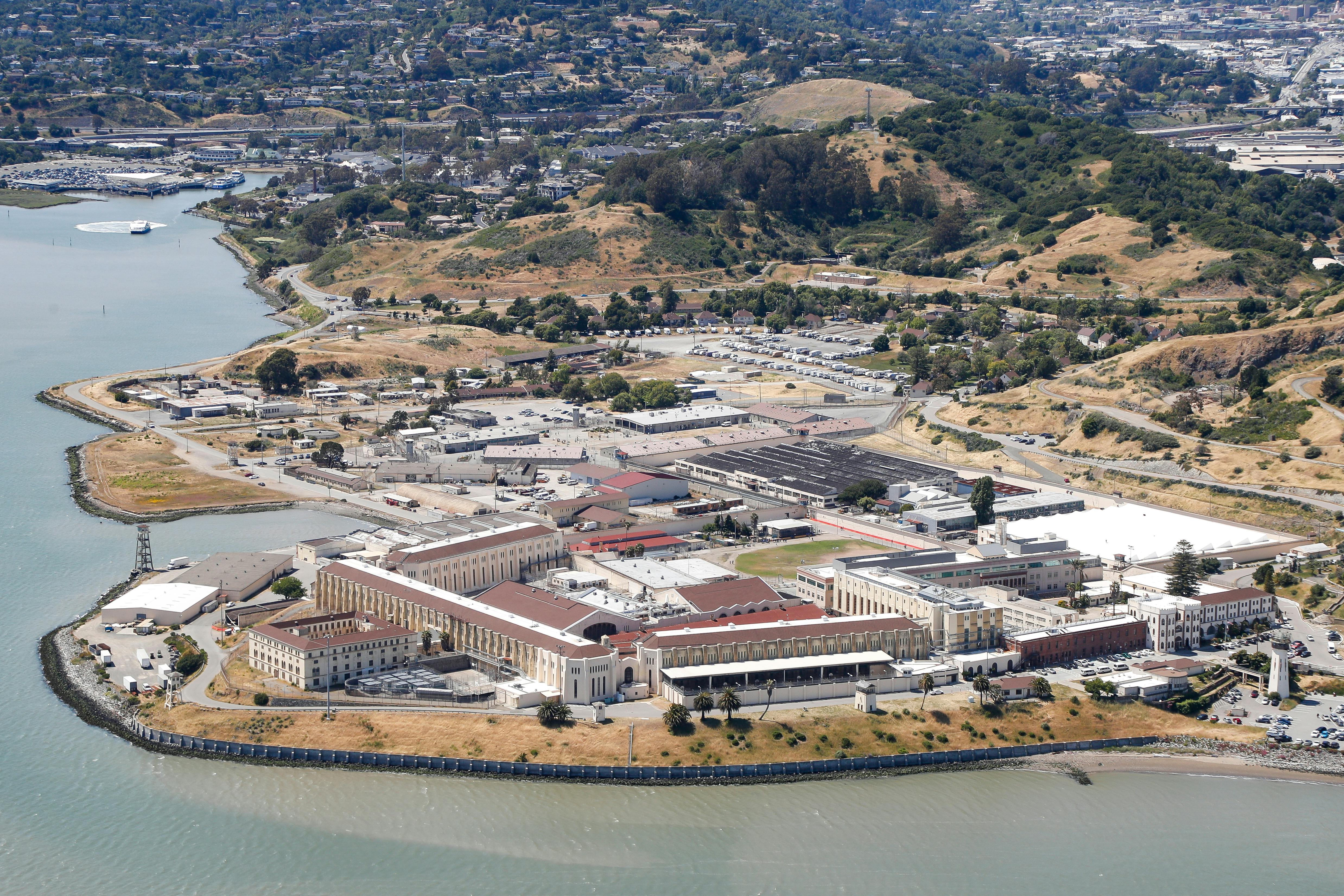 An aerial view shows the layout of San Quentin prison.