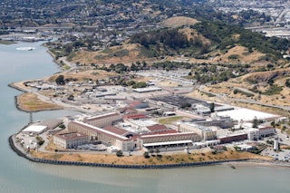 An aerial view shows the layout of San Quentin prison.