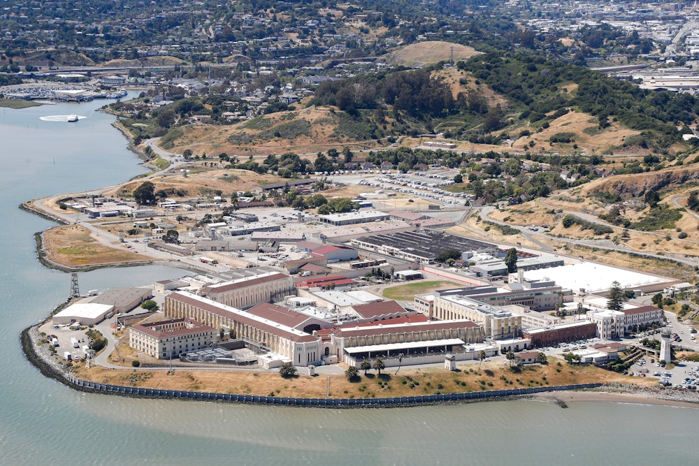 An aerial view shows the layout of San Quentin prison.
