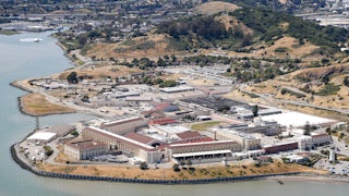 An aerial view shows the layout of San Quentin prison.