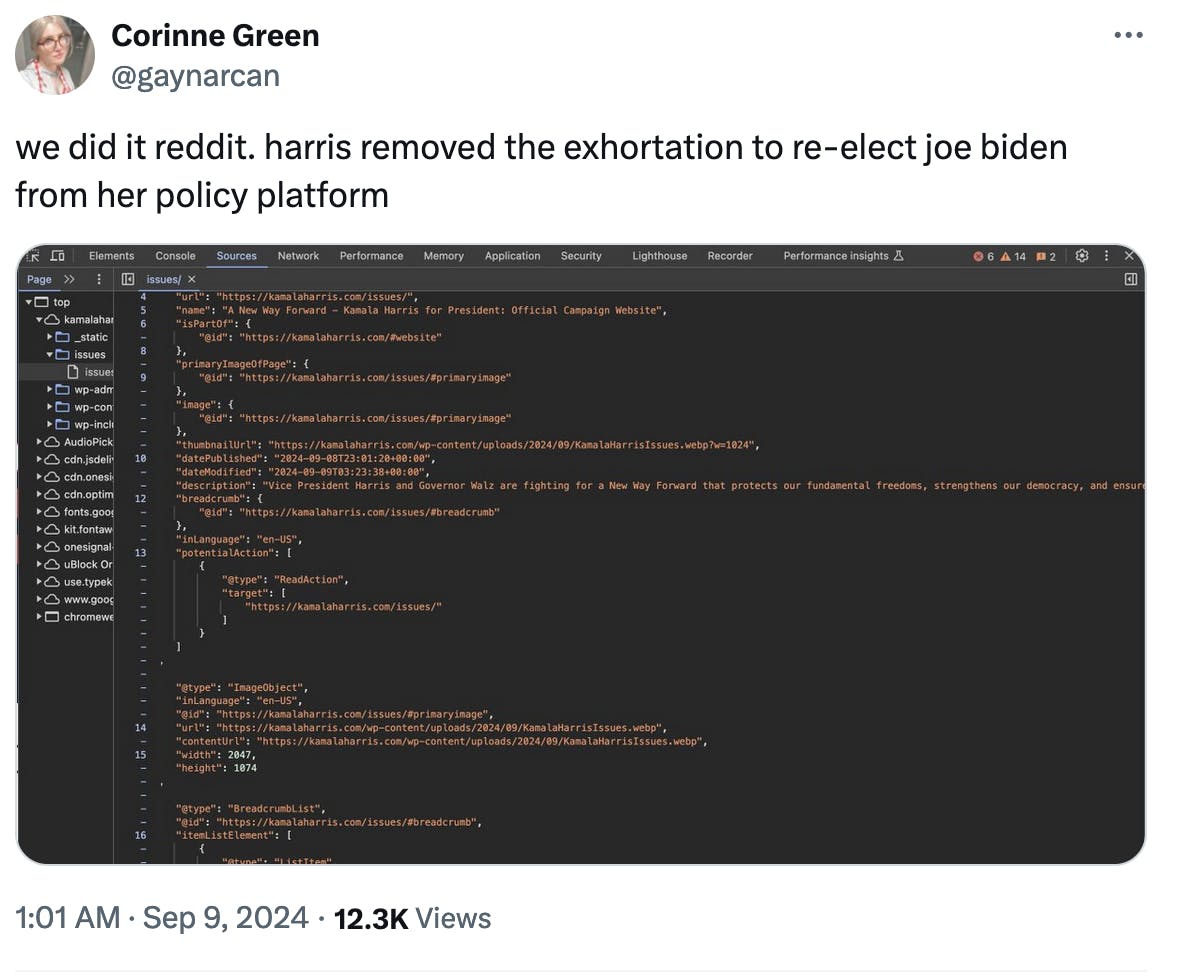 Twitter screenshot Corinne Green @gaynarcan:
we did it reddit. harris removed the exhortation to re-elect joe biden from her policy platform

(screenshot of metadata)