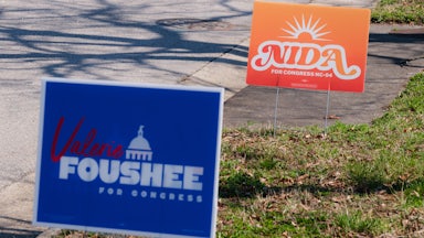 Signs for Democratic congressional primary candidates Valerie Foushee and Nida Allam in North Carolina