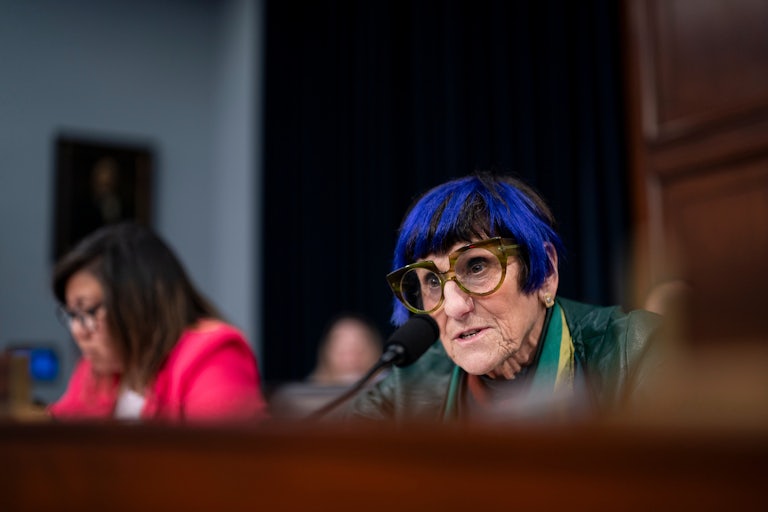 Representative Rosa DeLauro speaks into a microphone during a House Appropriations subcommittee hearing