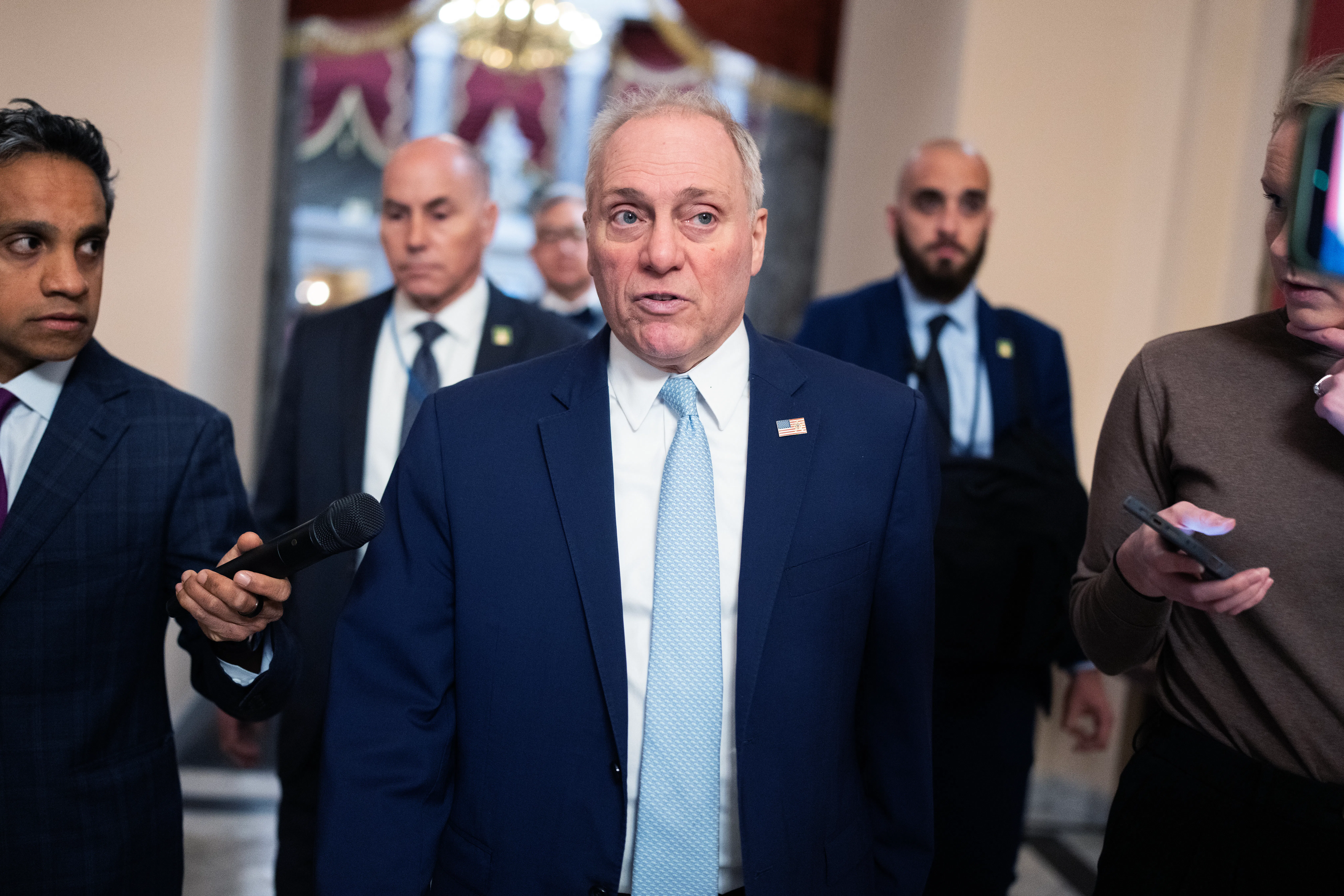 Representative Steve Scalise speaks to reporters in the Capitol.