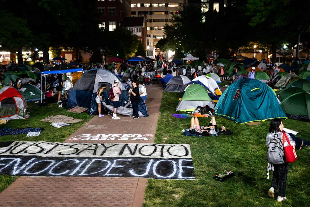 Pro-Palestine student protesters at an encampment at George Washington University in Washington, D.C., on April 25, 2024.