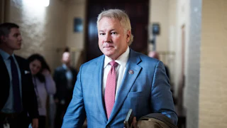 Rep. Warren Davidson, R-Ohio, leaves a meeting of the House Republican Conference in the U.S. Capitol.