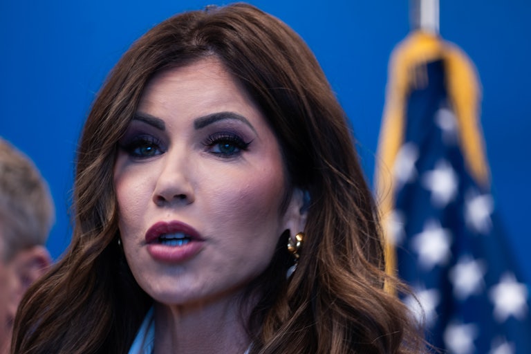 Homeland Security Secretary Kristi Noem speaks during an event