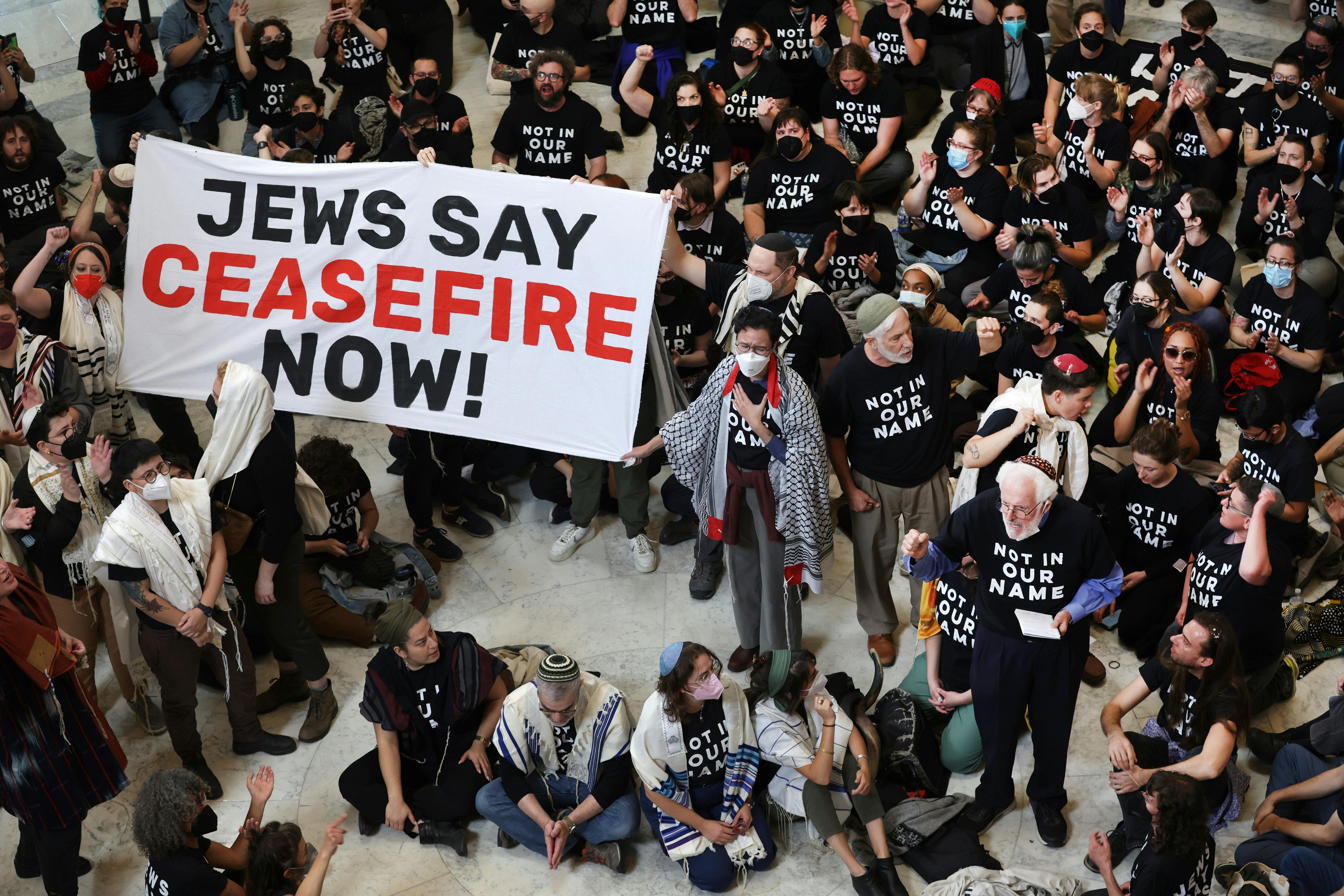 Members of Jewish Voice for Peace and IfNotNow protest in the Cannon House Office Building