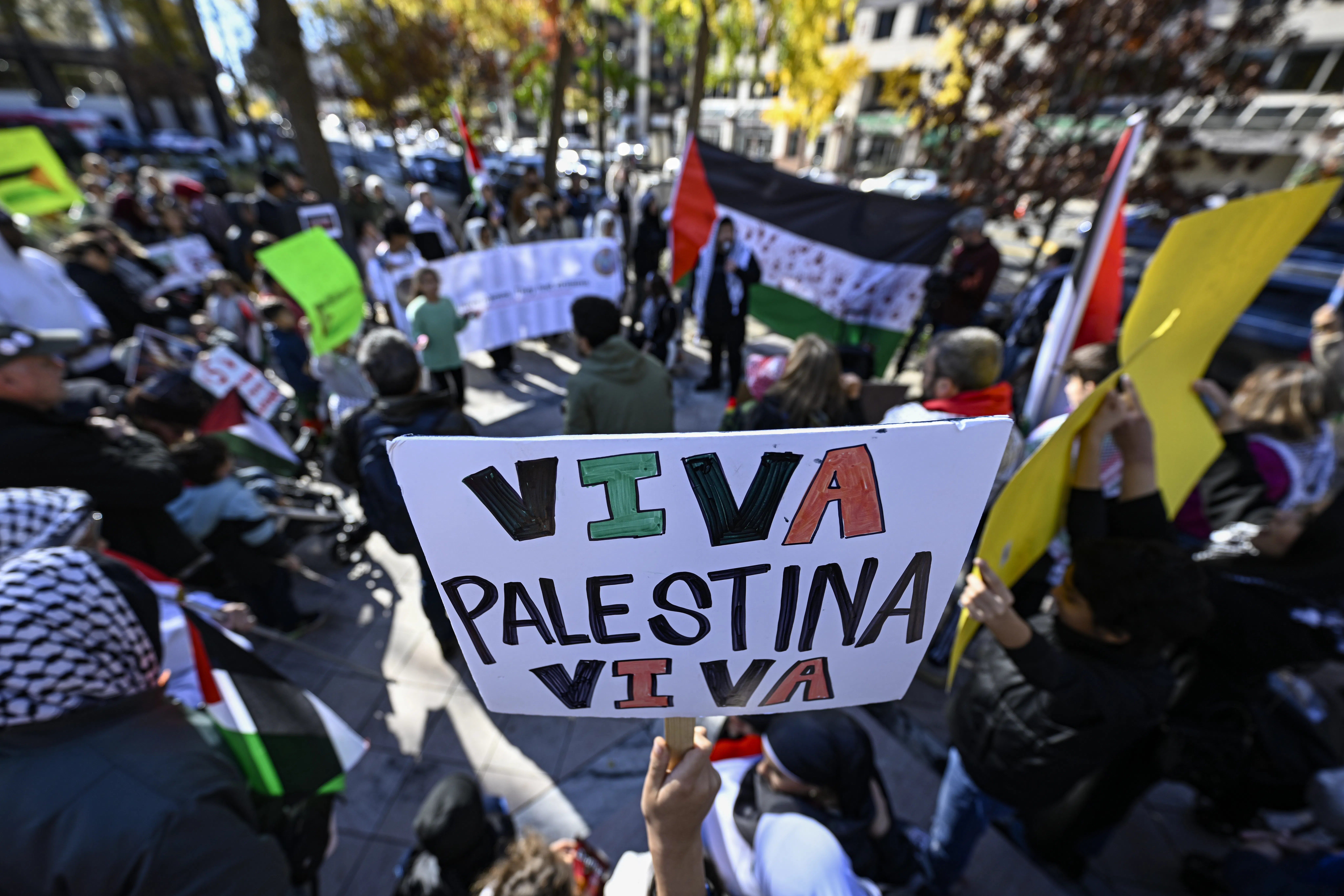 A protester holds a sign that reads "Viva Palestina Viva"