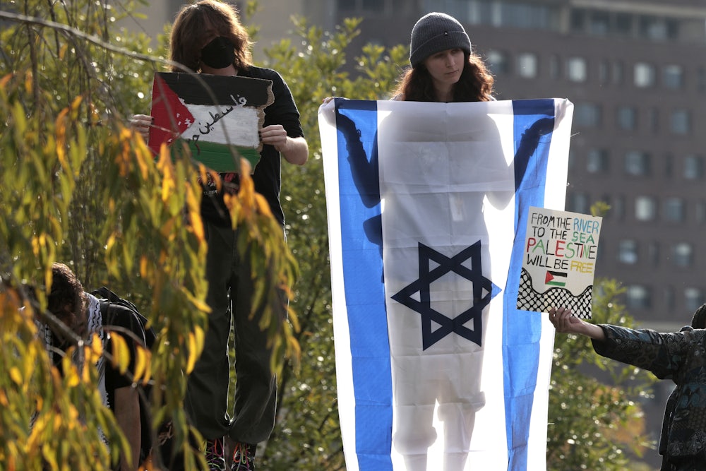 Pro-Palestinian and pro-Israeli protesters at the University of Massachusetts Amherst in October