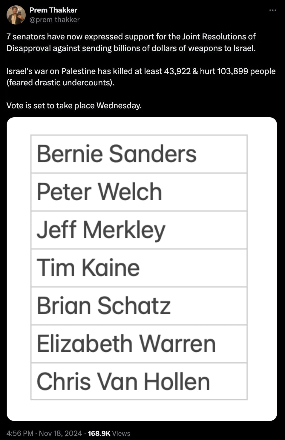 A screenshot of a tweet from Prem Thakker listing seven senators who support blocking U.S. arms sales to Israel: Bernie Sanders, Peter Welch, Jeff Merkley, Tim Kaine, Brian Schatz, Elizabeth Warren, and Chris Van Hollen.