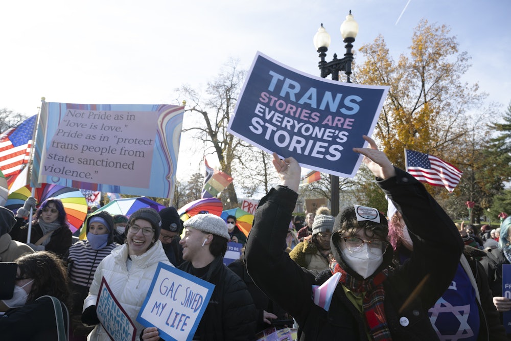 Hundreds of trans men and women, activists and supporters rally outside of the Supreme Court of the United States in Washington, DC on December 04, 2024.