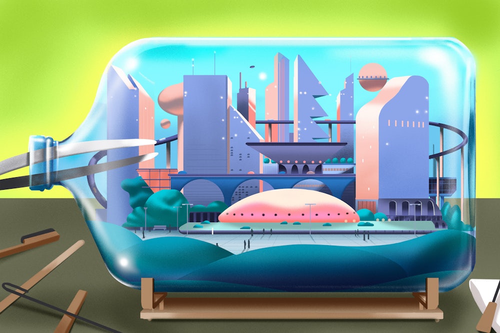 A utopian city could be achieved, if we can only get past the bottlenecks that are preventing it from happening. A pair of tweezers reaching through a bottle's opening to build that city evokes those difficulties.