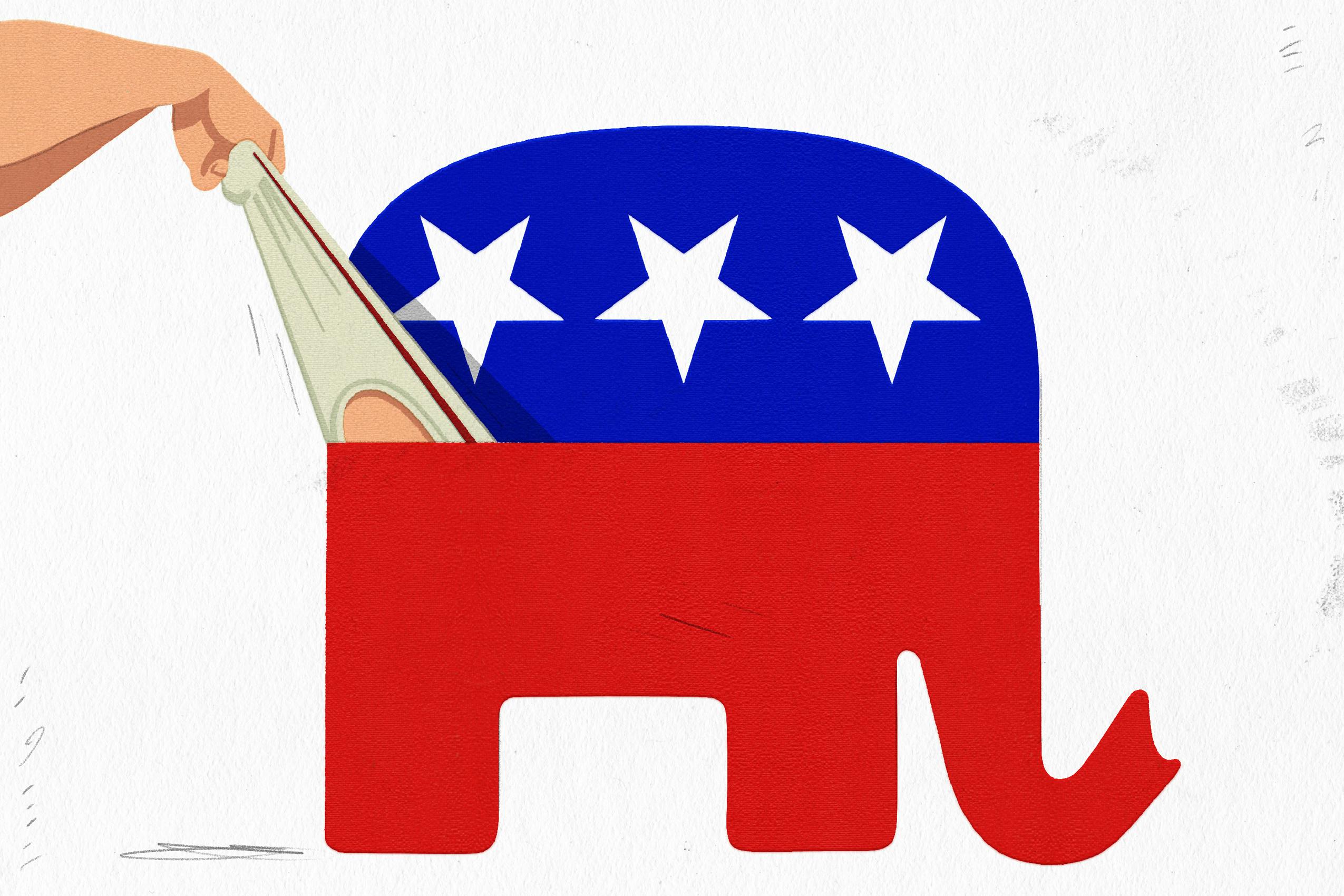 An illustration of an elephant (the Republican mascot) getting a wedgie, symbolizing the need for Democrats to start expressing the anger of their base.