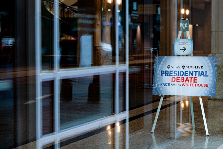 A sign for the presidential debate between Donald Trump and Kamala Harris