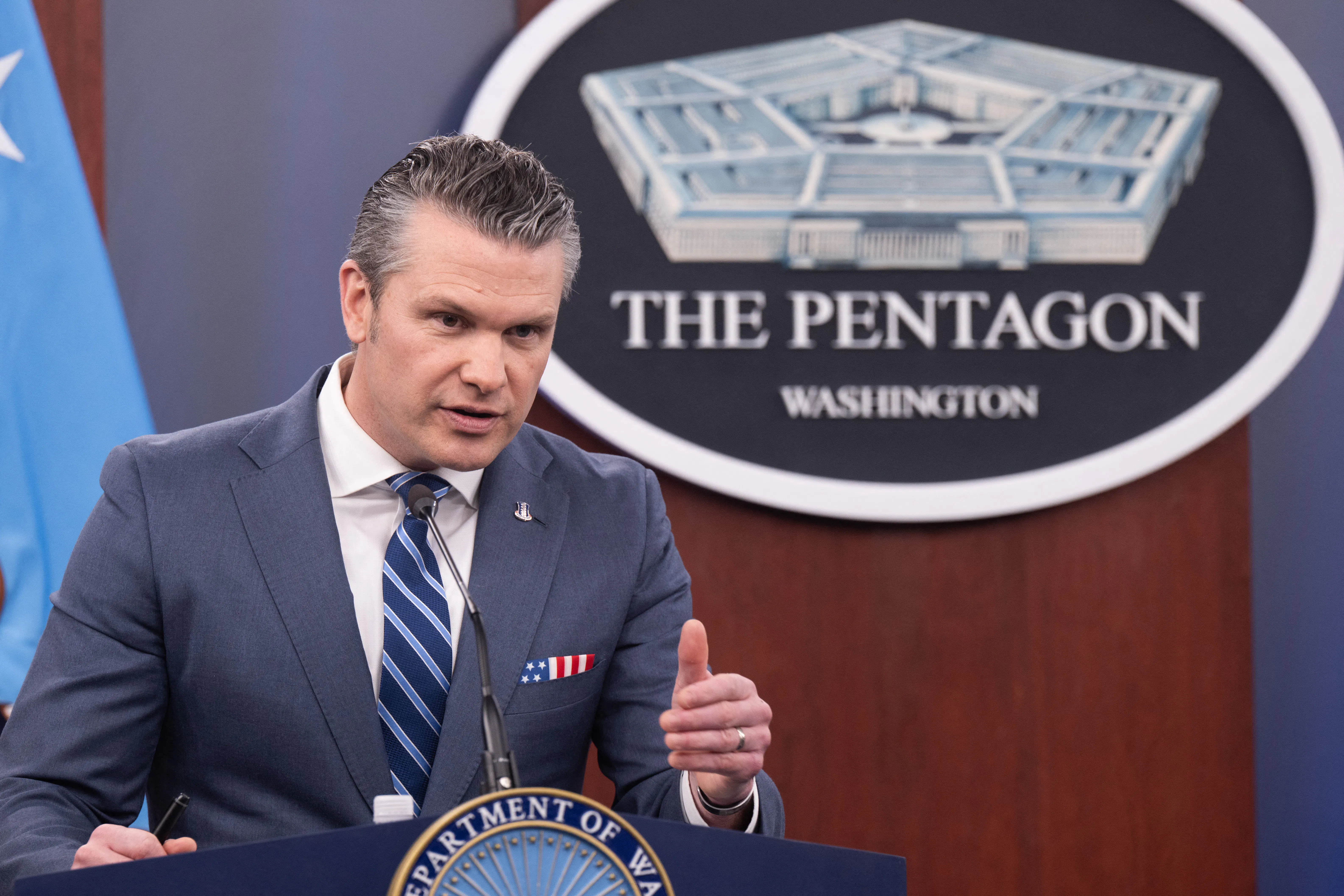 Pete Hegseth speaks during a press briefing at the Pentagon.