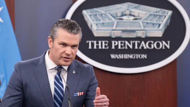 Pete Hegseth speaks during a press briefing at the Pentagon.