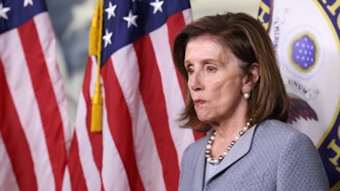 Nancy Pelosi grimaces at a press conference on Capitol Hill.