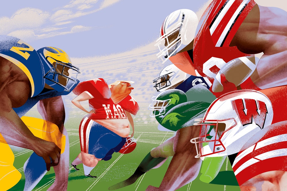 Big Ten football players tower over an out-of-shape Trump, symbolizing the power these universities have in fighting back against the administration