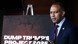 House Minority Leader Hakeem Jeffries conducts his weekly news conference in the Capitol Visitor Center.