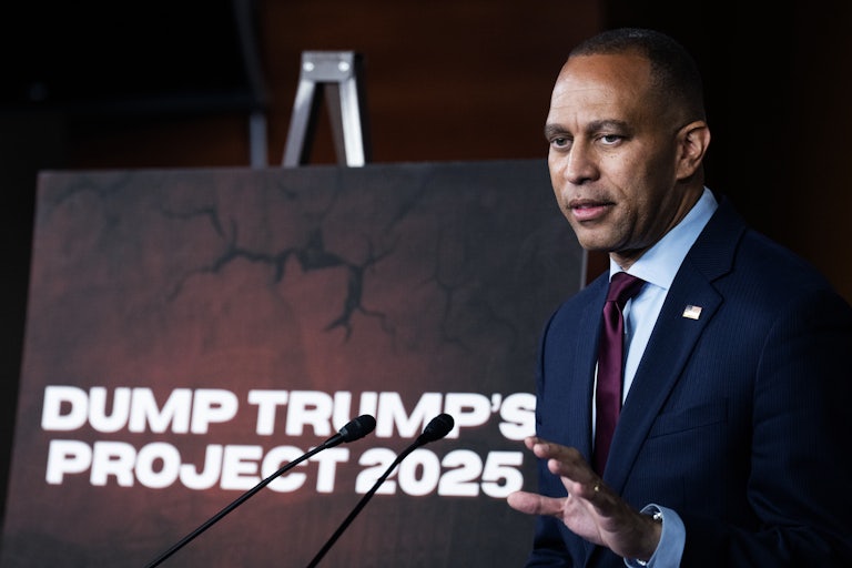 House Minority Leader Hakeem Jeffries conducts his weekly news conference in the Capitol Visitor Center.