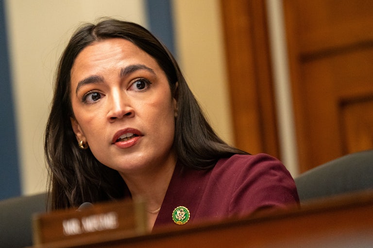 Representative Alexandria Ocasio-Cortez speaks during a House hearing
