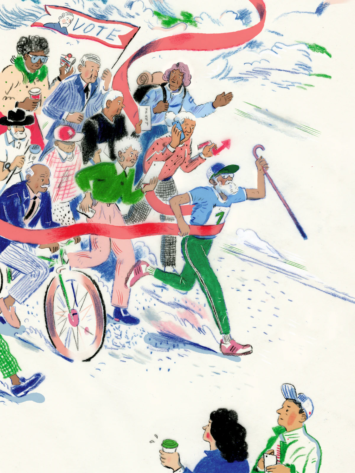 Drawing of a diverse group of older adults and one holding a cane runs through the finish line ribbon, Behind him, a crowd of elderly people of various races follow with one is a bicycle carrying a "VOTE" pennant flag.