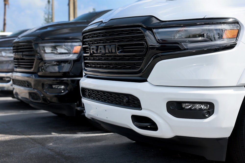 The fronts of Dodge Rams are seen in a line.
