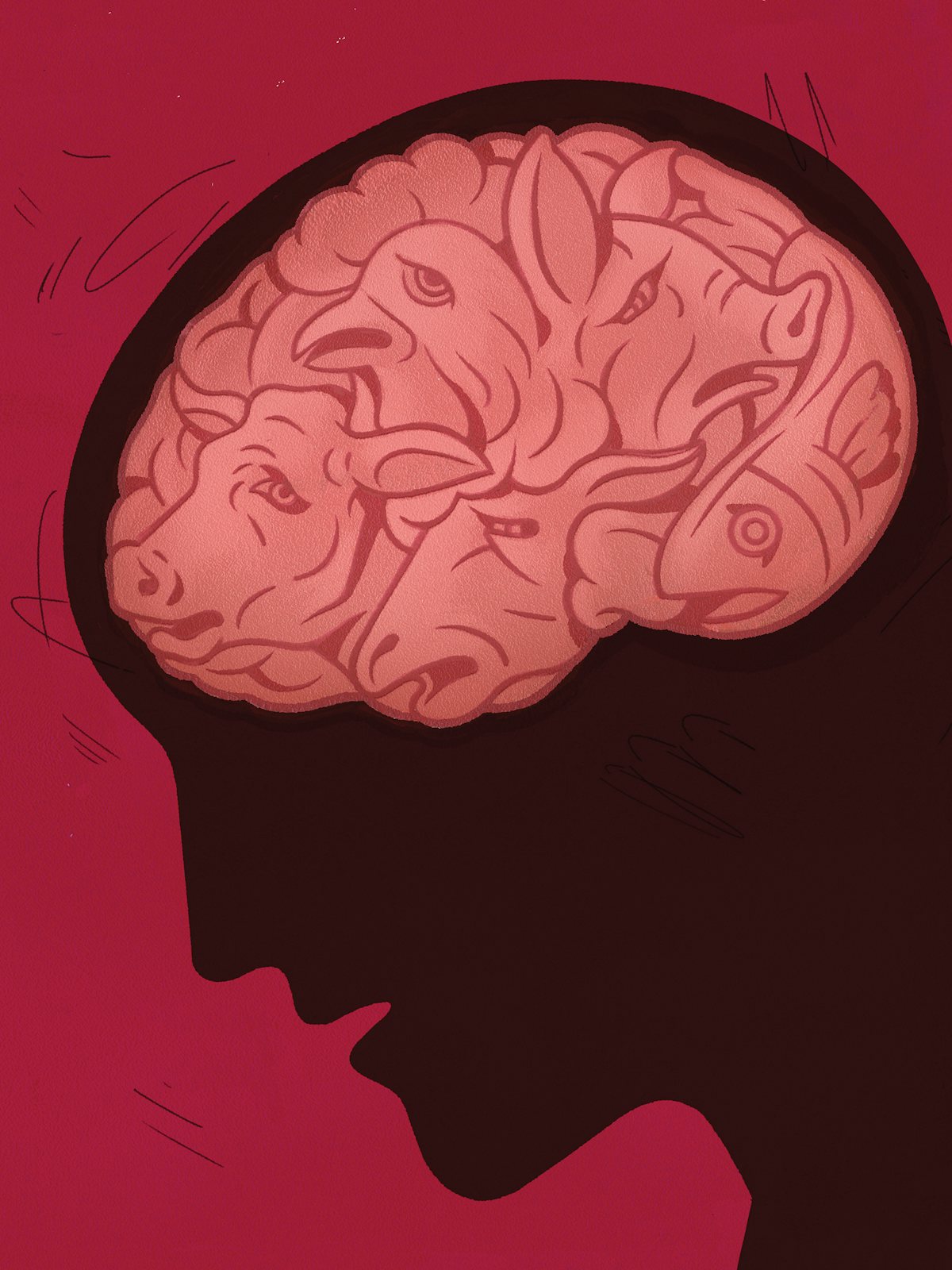 A drawing of a profile of a head with a pink brain made out of sad animals
