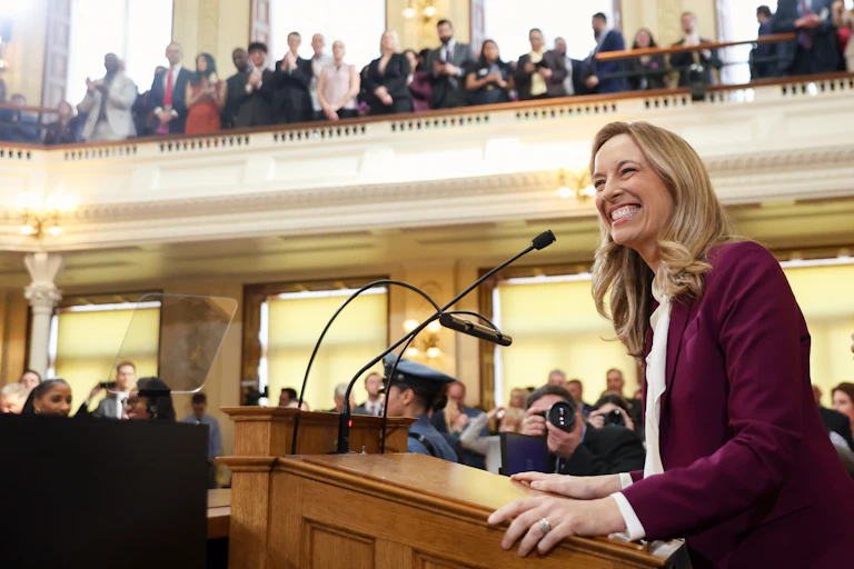New Jersey Governor Mikie Sherrill smiles as she speaks to the state legislature.
