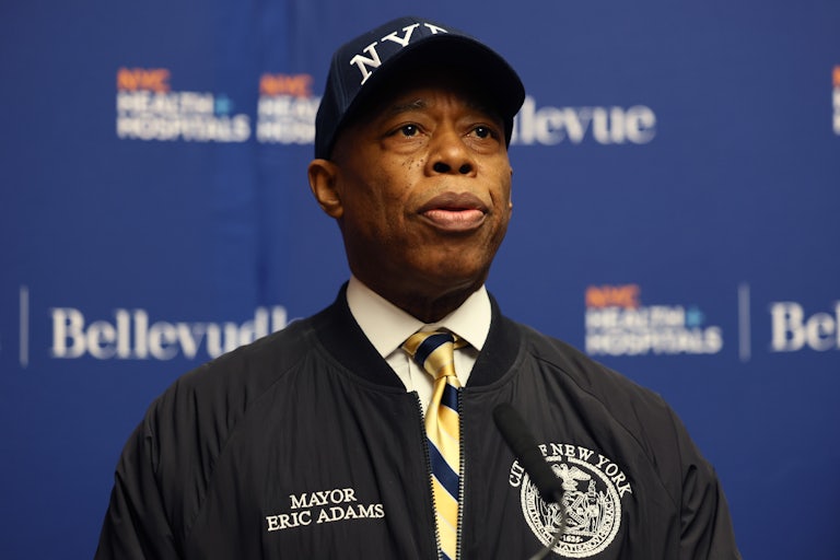 New York City Mayor Eric Adams stands during a press conference