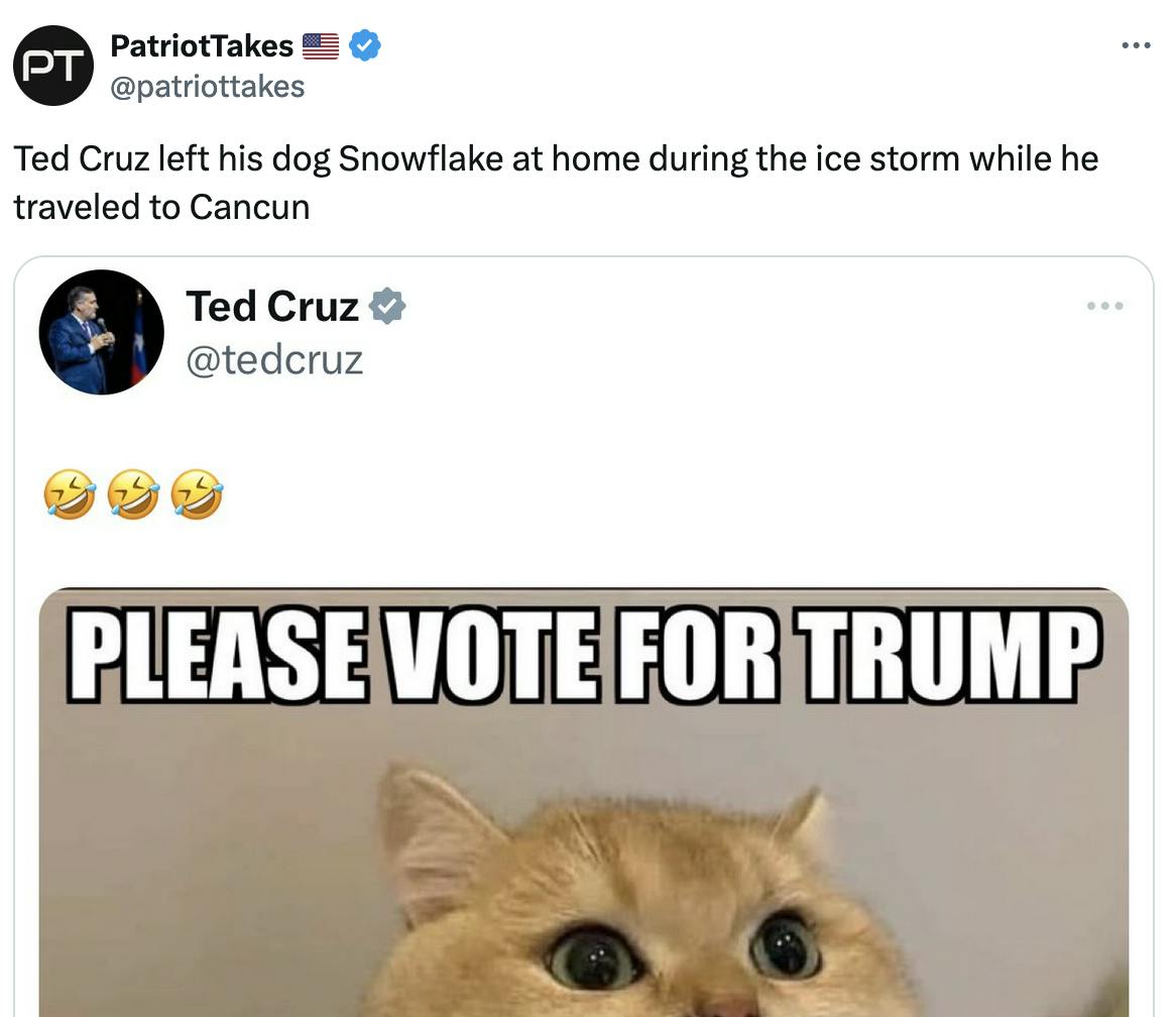 Twitter screenshot PatriotTakes 🇺🇸 @patriottakes: Ted Cruz left his dog Snowflake at home during the ice storm while he traveled to Cancun