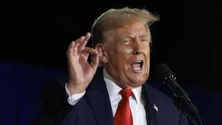 Donald Trump gestures as he speaks into a microphone