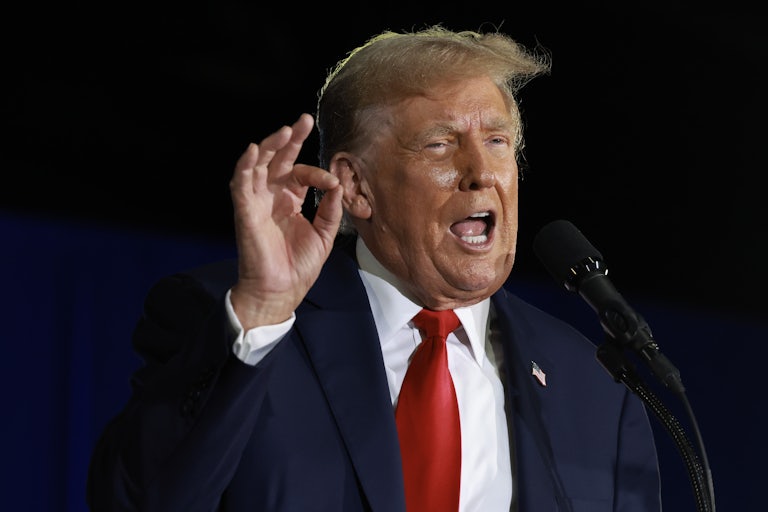 Donald Trump gestures as he speaks into a microphone