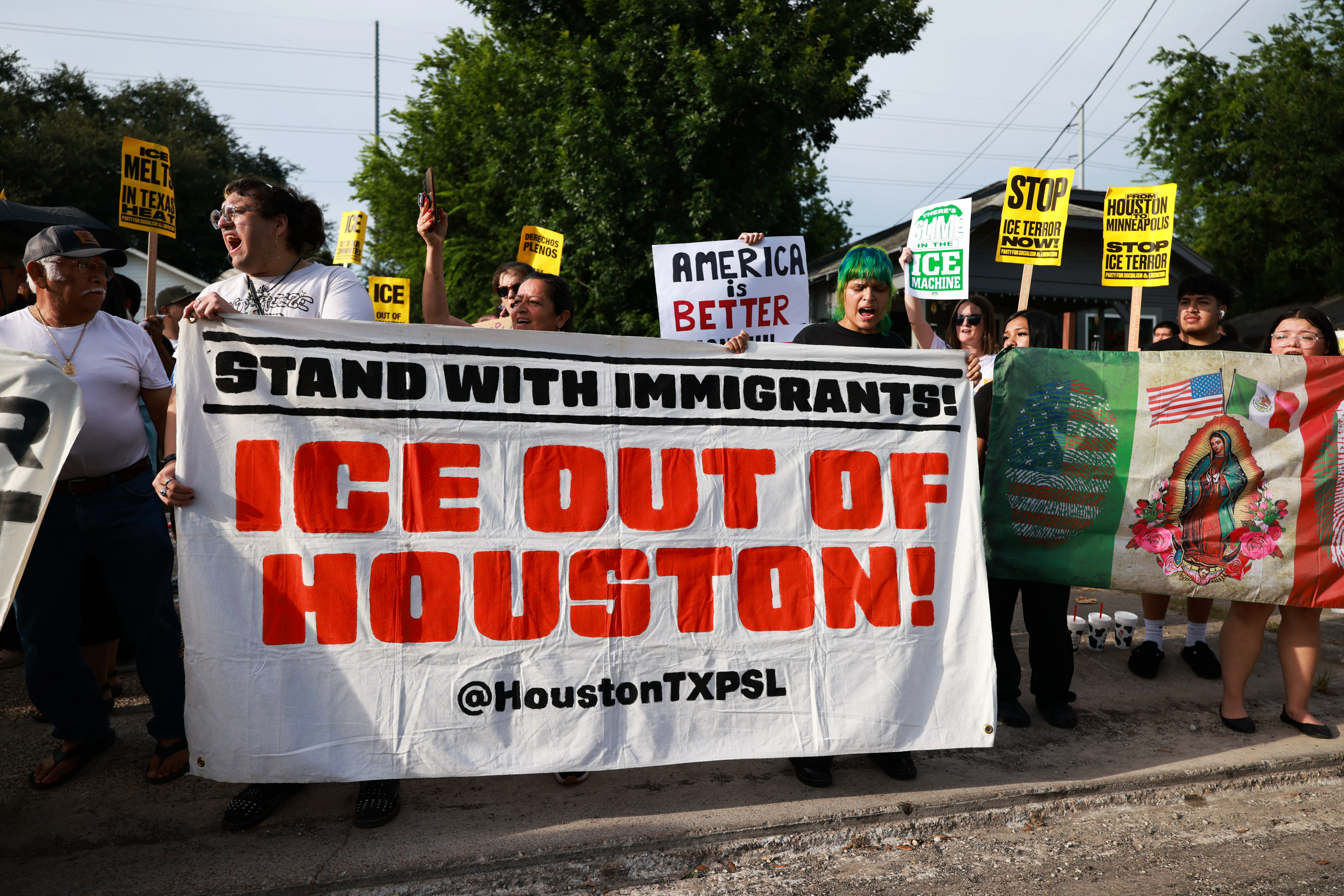 People protest against ICE’s presence in Houston after federal agents shot and killed Lorenzo Salgado Araujo.