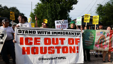 People protest against ICE’s presence in Houston after federal agents shot and killed Lorenzo Salgado Araujo.