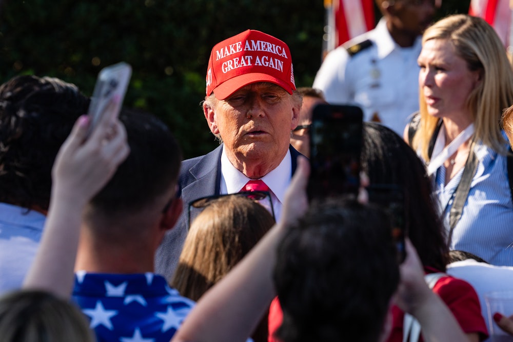 President Donald Trump greets guests after delivering remarks during an Independence Day military family picnic on the South Lawn of the White House on July 04, 2025 in Washington, DC.