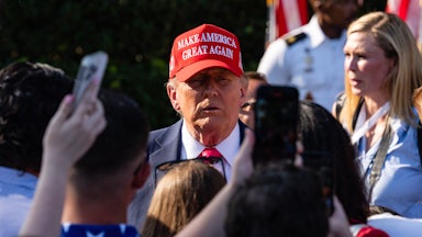 President Donald Trump greets guests after delivering remarks during an Independence Day military family picnic on the South Lawn of the White House on July 04, 2025 in Washington, DC.