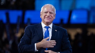 Tim Walz takes the stage to speak on the third night of the Democratic National Convention.