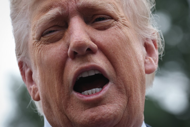 Donald Trump speaks to reporters outside the White House