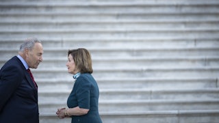 Chuck Schumer and Nancy Pelosi have a chat on the steps of the U.S. Capitol.