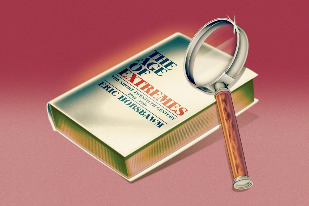Illustration of the book "The Age of Extremes" with a magnifying glass next to it.