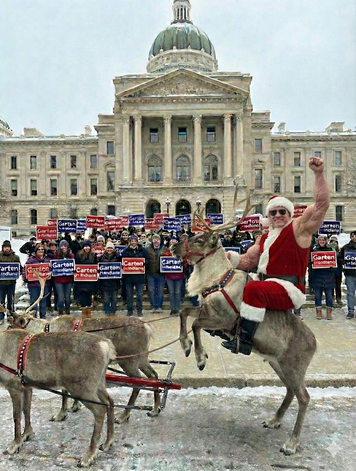 State Senator Chris Garten, with AI muscles, rides on a reindeer in front of his supporters and the Indiana statehouse.