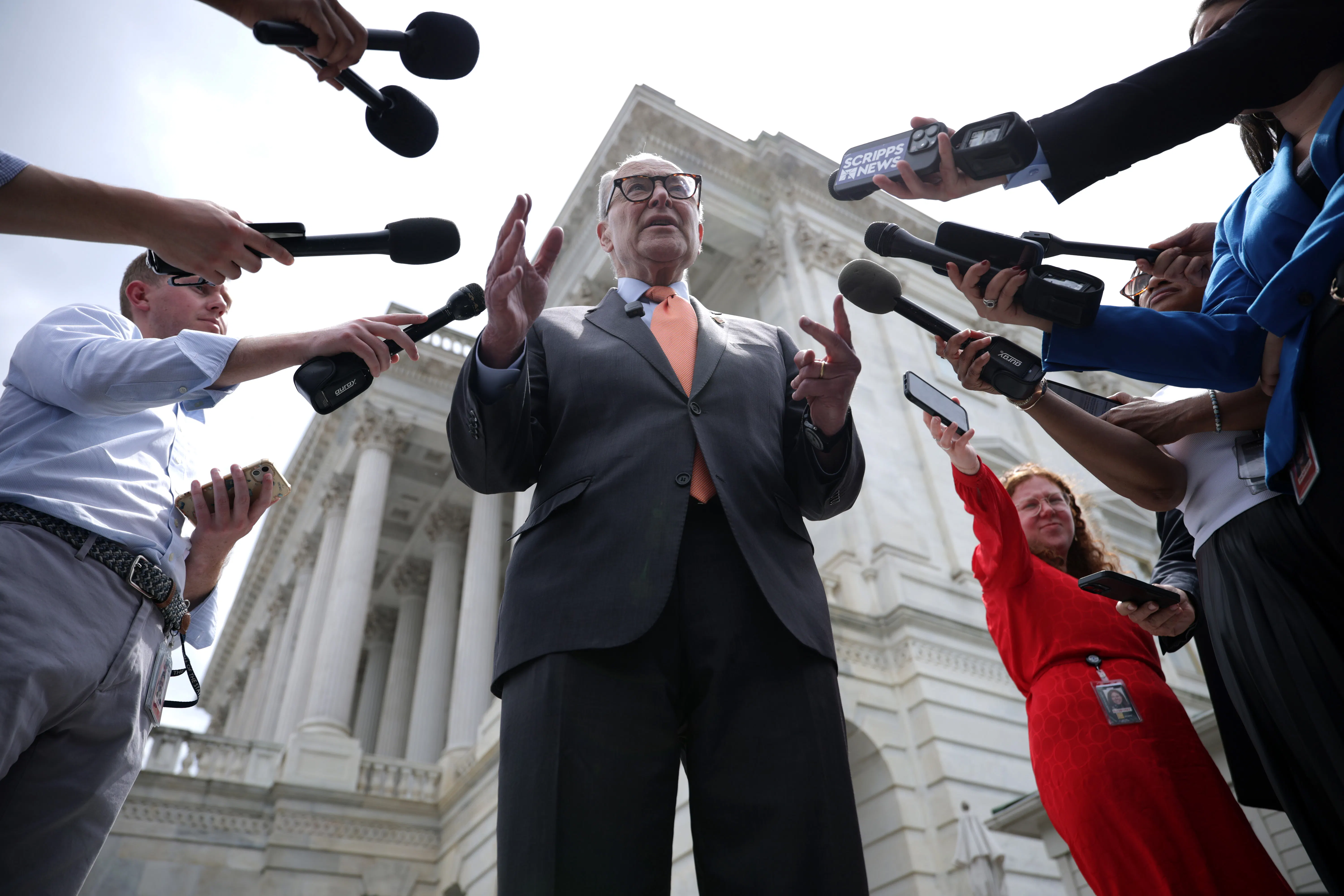 Senate Minority Leader Sen. Chuck Schumer speaks to members of the media outside the U.S. Capitol on June 18, 2026. Schumer blasted President Trump’s new agreement with Iran, calling it an “epic failure” that keeps Americans in the dark due to a lack of transparency while leaving the U.S. in a worse strategic and security position.