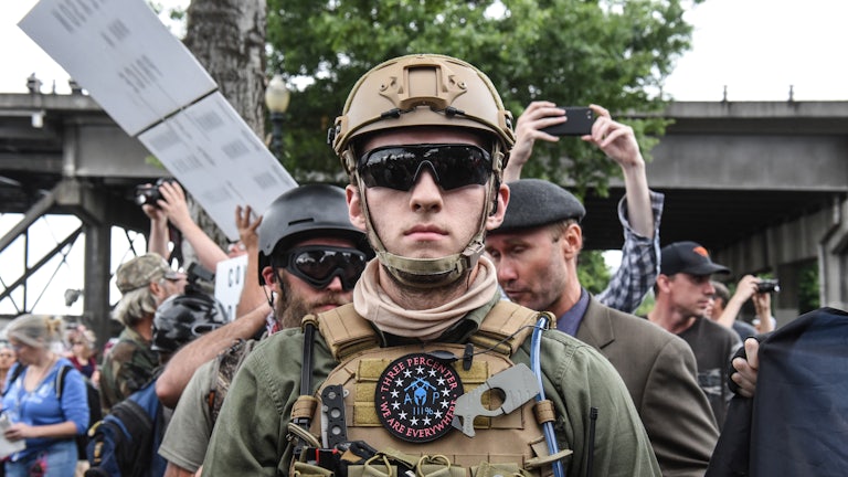Members of a white nationalist group at an alt-right rally in Portland