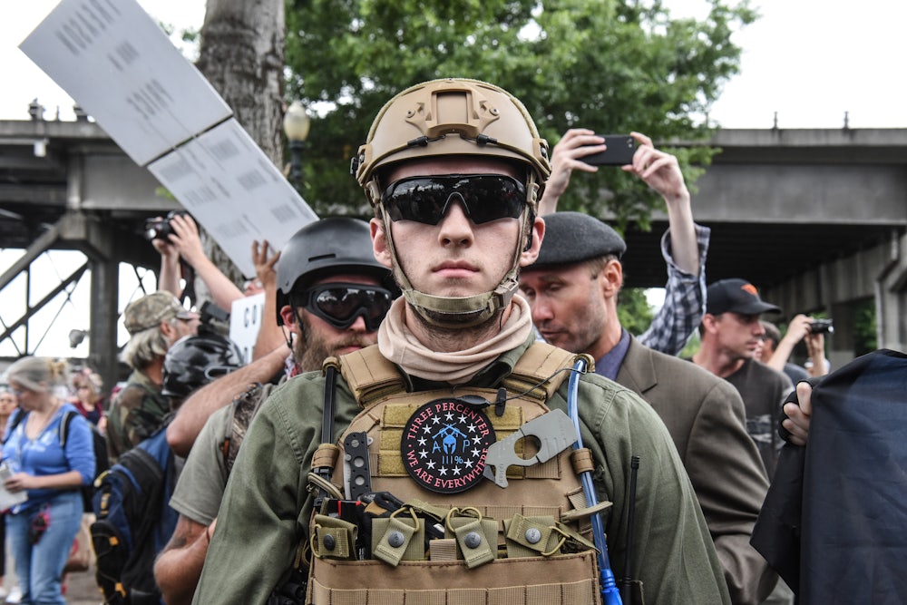 Members of a white nationalist group at an alt-right rally in Portland